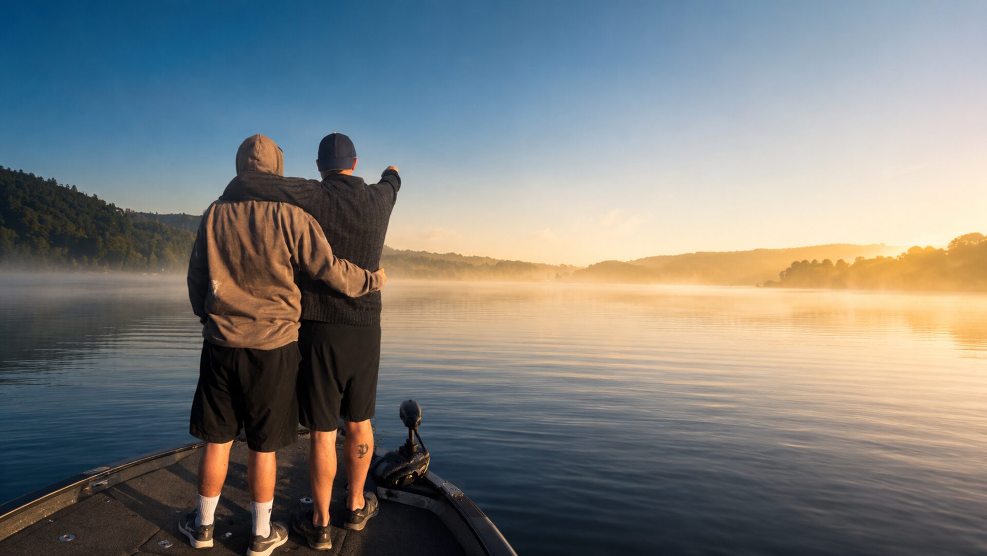 Zwei Angler auf einem Boot bei Sonnenaufgang am See